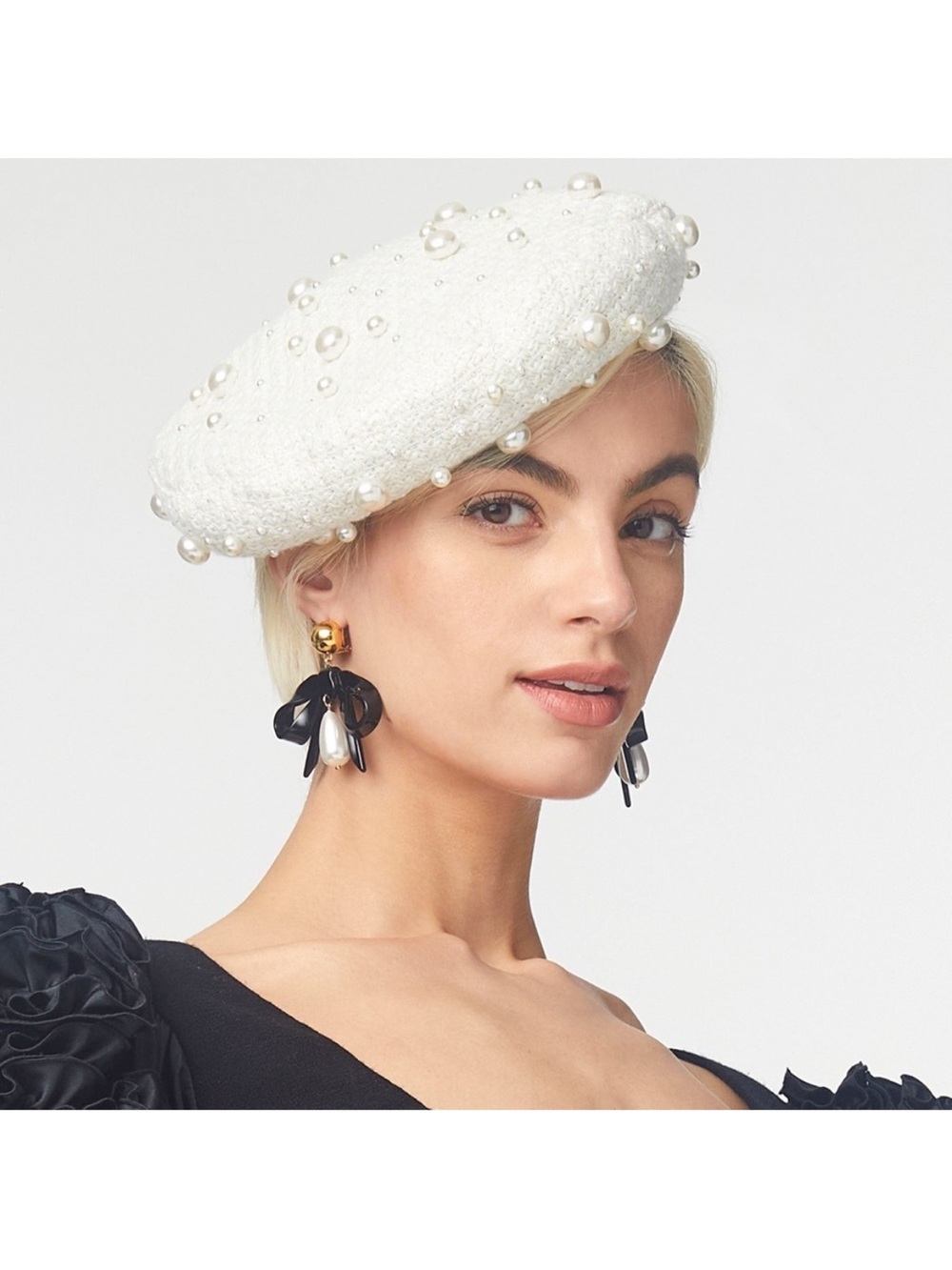 Lele Sadoughi Bridget Pearl Boucle Pill Box Beret Hat - Ivory Winter White